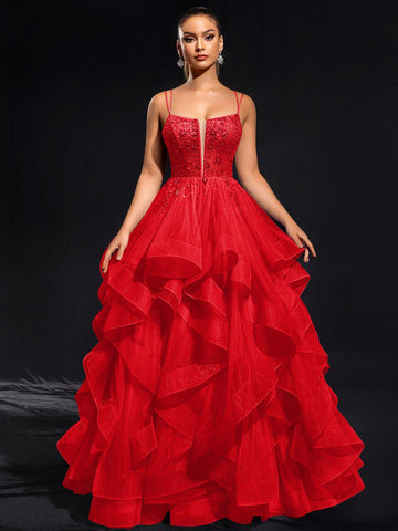 Ball-Gown/Princess Scoop Floor-Length Tulle Maxi Dresses With Rhinestone Beading