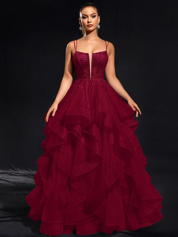 Ball-Gown/Princess Scoop Floor-Length Tulle Maxi Dresses With Rhinestone Beading