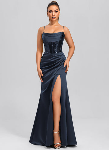 Sheath/Column Cowl Floor-Length Sequin Satin Maxi Dresses With Sequins