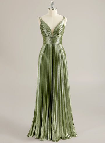 A-line V-Neck Floor-Length Jersey Prom Dresses With Pleated