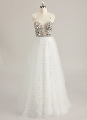 Ball-Gown/Princess Sweetheart V-Neck Sweep Train Tulle Prom Dresses With Rhinestone Sequins Beading