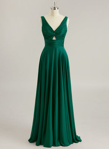 A-linje V-hals Gulvlengde Silke Sateng Ballkjoler Med Plissert