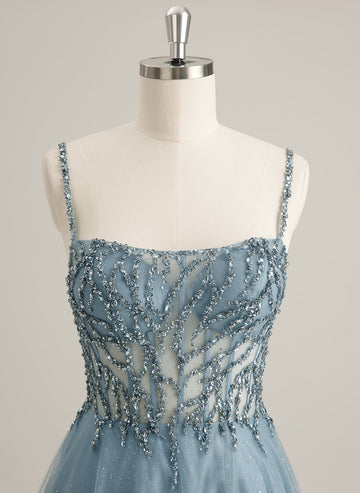 A-line Hjärteringning Golvlängd balklänningar i tyll med paljetter i strass pärlor