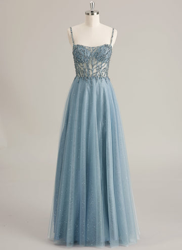 A-line Sweetheart Floor-Length Tulle Prom Dresses With Rhinestone Beading Sequins