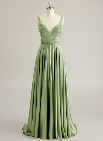 A-line V-ringning Svepande släp Jersey Balklänningar med paljetter Pärlapplikationer Spets