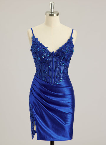 Slire/Søyle V-hals Kort/Mini Jersey Ballkjoler Med Perler Paljetter Blondeapplikasjoner