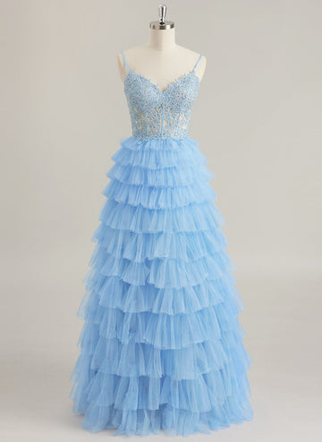 Ball-Gown/Princess V-Neck Floor-Length Tulle Prom Dresses With Appliques Lace Rhinestone
