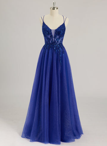 Ballkjole/Prinsesse V-hals Gulvlengde Tyll Ballkjoler Med Perler Paljetter Blondeapplikasjoner