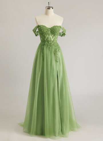 A-linje Off the Shoulder Sweep Slep Tyll Ballkjoler Med Paljetter Blondeapplikasjoner Perler