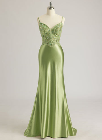 Trompet/Havfrue V-hals Sweep Slep Silkesateng Ballkjoler Med Rhinestone Perler Paljetter