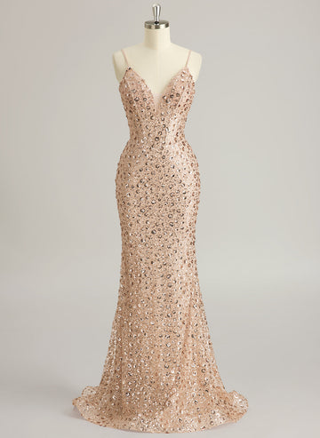 Trompet/Havfrue V-hals Sweep Slep Paljett Ballkjoler Med Paljetter
