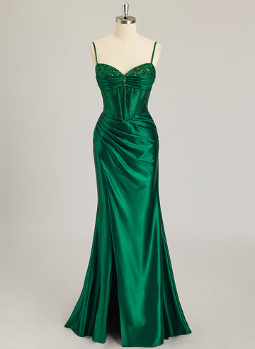 Trompet/Havfrue V-hals Sweep Slep Silkesateng Ballkjoler Med Rhinestone Paljetter Perler