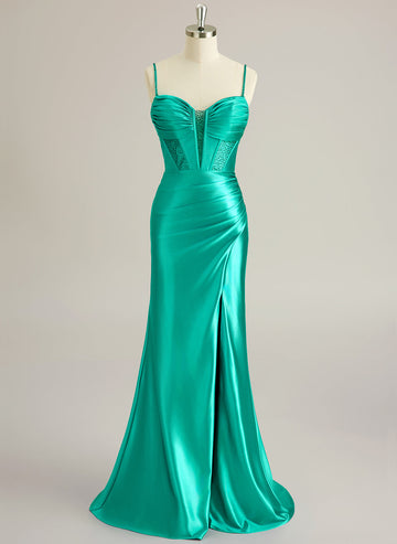 Trompet/Havfrue Hjertehals Sweep Slep Silkesateng Ballkjoler Med Plissert Rhinestone