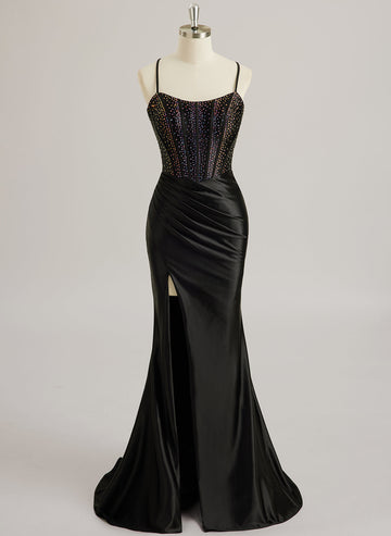 Trumpet/Sjöjungfru Skopa Svepande släp Silky Satäng Balklänningar med strass