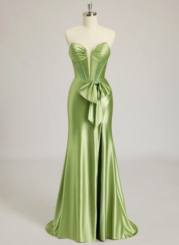 Trumpet/Mermaid Sweetheart Sweep Train Silky Satin Prom Dresses With Bow Rhinestone