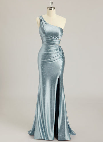 Trumpet/Mermaid One Shoulder Sweep Train Jersey Prom Dresses With Rhinestone