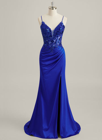 Trompet/Havfrue V-hals Sweep Slep Jersey Blonder Maxikjoler Med Plissert Paljetter