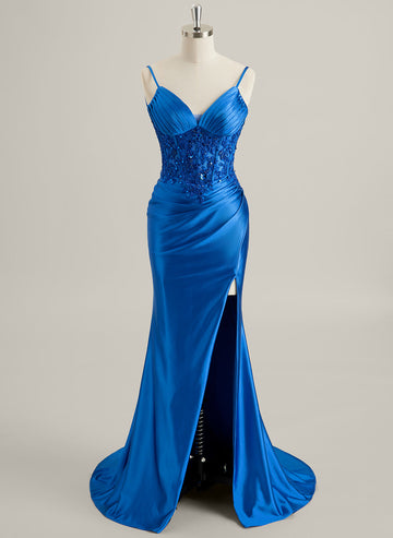 Trompet/Havfrue V-hals Sweep Slep Blonder Jersey Maxikjoler Med Paljetter Plissert