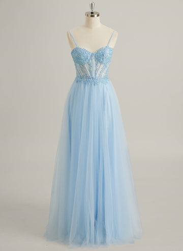 A-line V-Neck Floor-Length Lace Tulle Maxi Dresses With Sequins