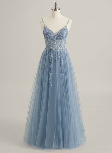 A-linje V-hals Gulvlengde Tyll Blonder Maxikjoler Med Paljetter