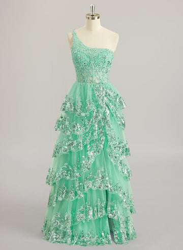 A-linje One Shoulder Gulvlengde Blonder Tyll Maxikjoler Med Paljetter