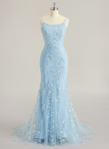 Trumpet/Mermaid Scoop Sweep Train Tulle Lace Maxi Dresses With Sequins