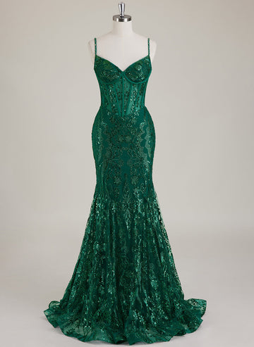 Spaghettistropper V-hals Korsett Paljetter Blonder Trompet/Havfrue Maxikjole