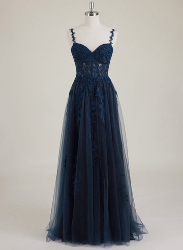 Spaghettistropper V-hals Søt & Flyt Rhinestone Tyll A-linje Maxikjole