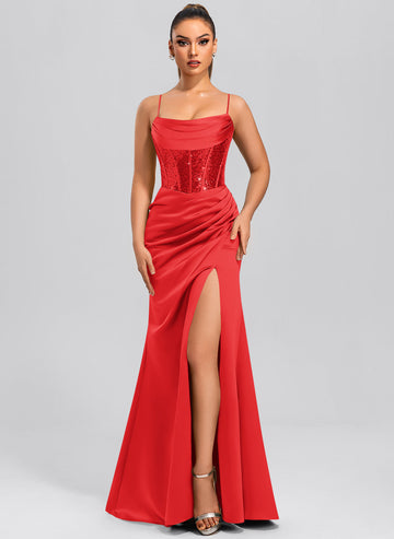 Sheath/Column Cowl Floor-Length Sequin Satin Maxi Dresses With Sequins