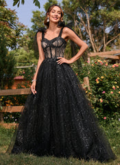 Ball-Gown/Princess Sweetheart Court Train Tulle Prom Dresses With Sequins