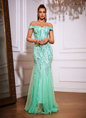 Off The Shoulder Tyll Paljett Havfrue Maxikjoler