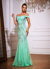 Off The Shoulder Tyll Paljett Havfrue Maxikjoler