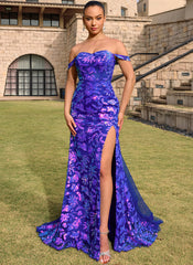Sparkly Floral Lace Up Back Strapless Sweetheart Corset Sequin Mermaid Maxi Dress With Slit