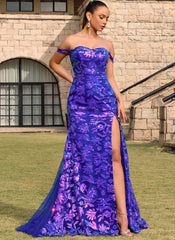 Sparkly Floral Lace Up Back Strapless Sweetheart Corset Sequin Mermaid Maxi Dress With Slit
