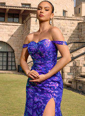 Sparkly Floral Lace Up Back Strapless Sweetheart Corset Sequin Mermaid Maxi Dress With Slit