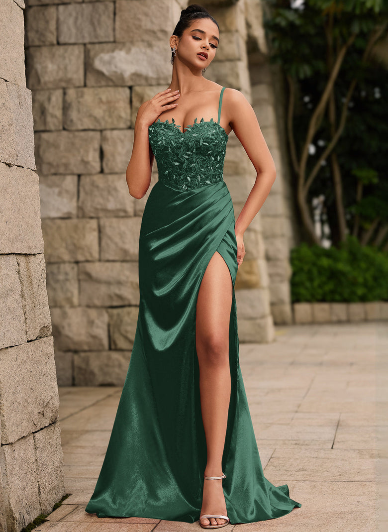 Lace Up Back Sweetheart Leaf Corset Ruched Satin Mermaid Maxi Dress Wi –  Gownelle