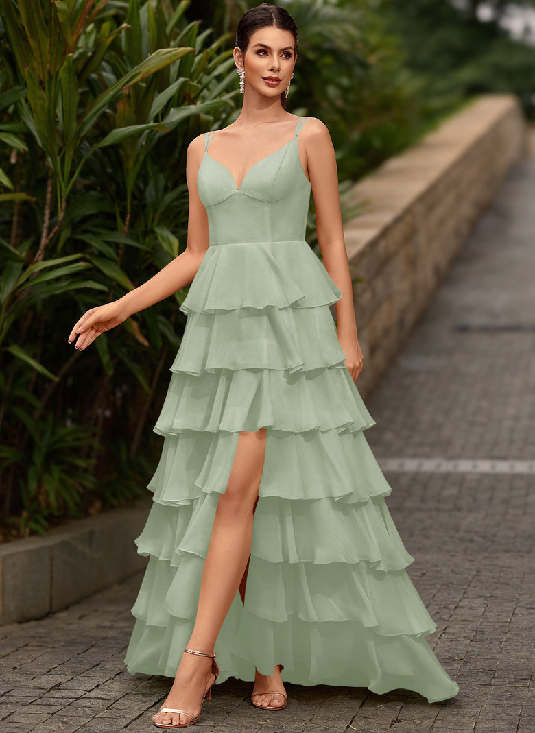 chiffon deep v neckline ruffle slit maxi dress V-Neck Ruffled Tiered Chiffon Ball-Gown Maxi Dress With Slit – Gownelle