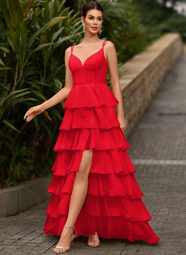 chiffon deep v neckline ruffle slit maxi dress WEDTREND Women Mermaid Formal Dress With Slit Daffodil V Neck Ruffled Long Wedding Party Dress, Sky Blue / US10