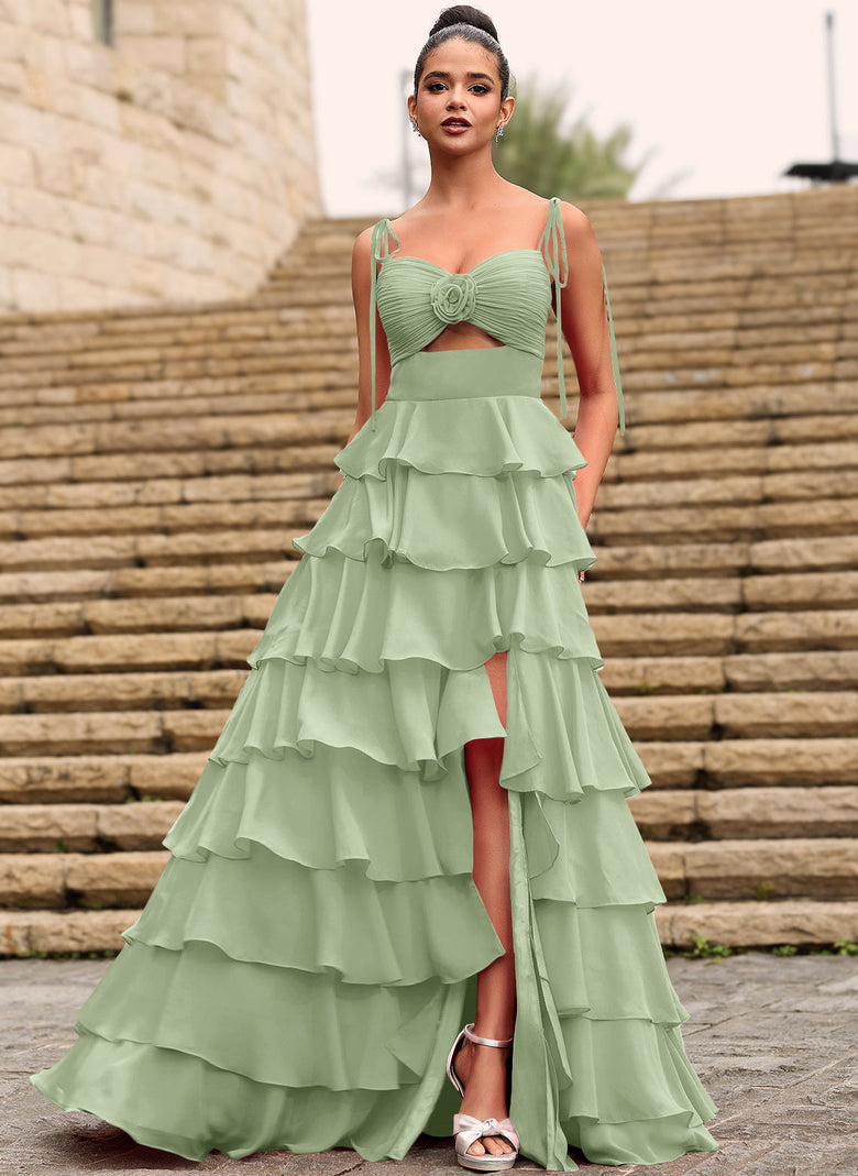 celadon green dress Rosette Sweetheart Ruffled Tiered Chiffon Maxi Dress With Cutout Slit – Gownelle
