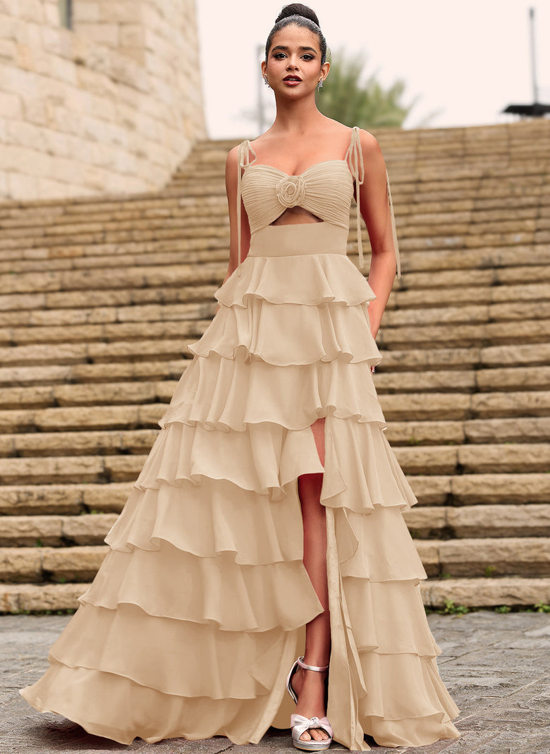 Rosette Sweetheart Ruffled Tiered Chiffon Maxi Dress With Cutout Slit – Gownelle