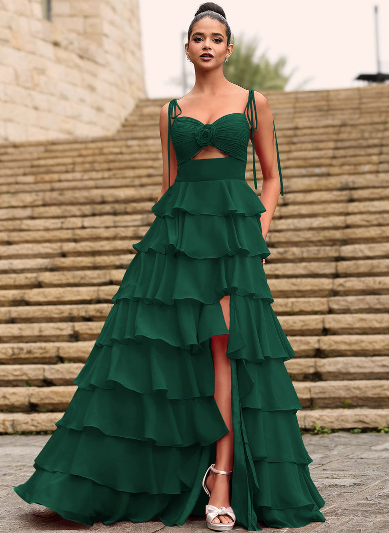 Rosette Sweetheart Ruffled Tiered Chiffon Maxi Dress With Cutout Slit Gownelle Rosette Sweetheart Ruffled Tiered Chiffon Maxi Dress With Cutout Slit Gownelle