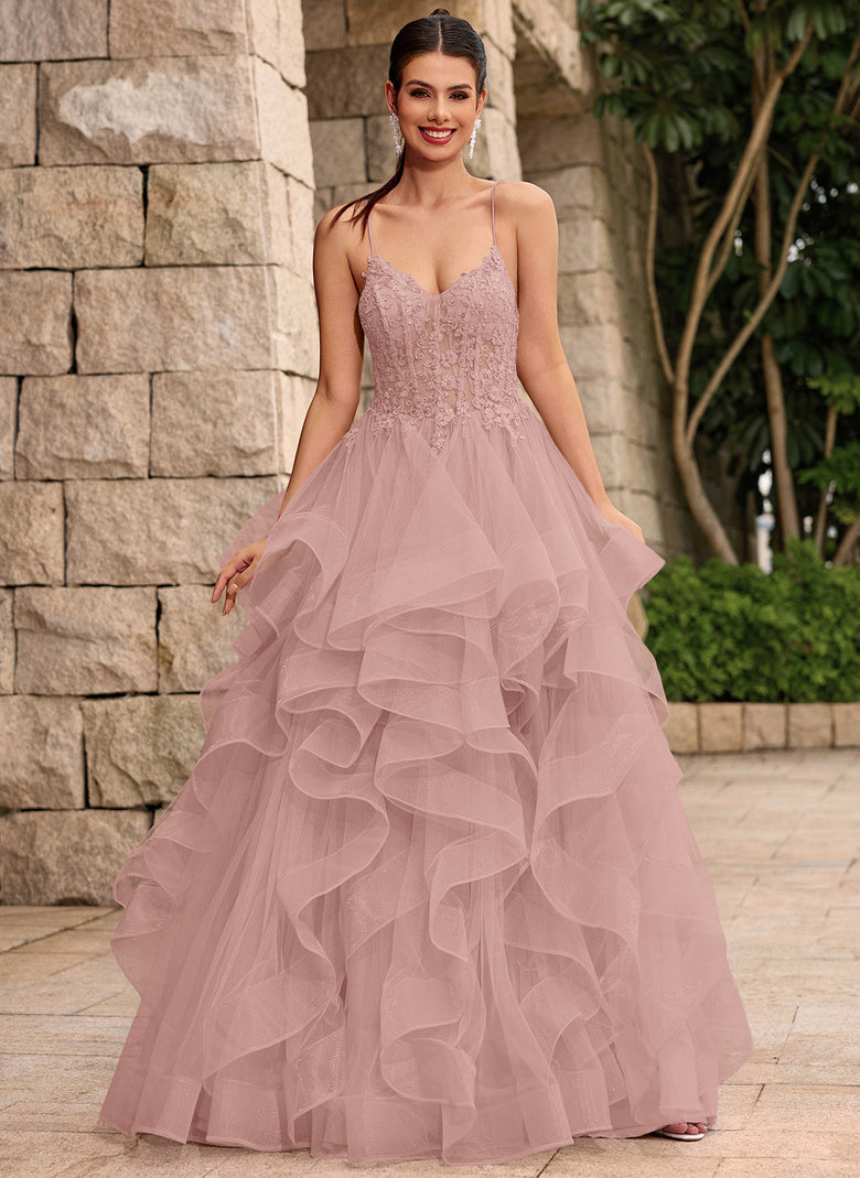 Lace Up Back Corset Ruffled Tiered Tulle Ball-Gown Maxi Dress With Lac   Gownelle