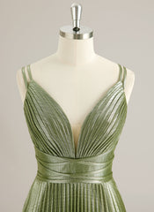 A-line V-Neck Floor-Length Jersey Prom Dresses With Pleated