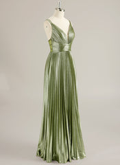 A-line V-Neck Floor-Length Jersey Prom Dresses With Pleated