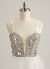 Ball-Gown/Princess Sweetheart V-Neck Sweep Train Tulle Prom Dresses With Rhinestone Sequins Beading