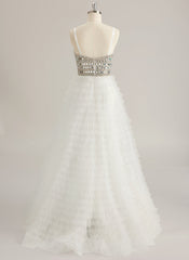 Ball-Gown/Princess Sweetheart V-Neck Sweep Train Tulle Prom Dresses With Rhinestone Sequins Beading