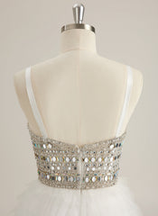 Ball-Gown/Princess Sweetheart V-Neck Sweep Train Tulle Prom Dresses With Rhinestone Sequins Beading