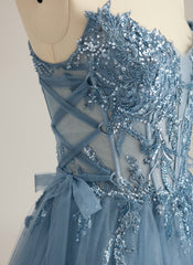 Ball-Gown/Princess V-Neck Sweep Train Tulle Prom Dresses With Beading Sequins