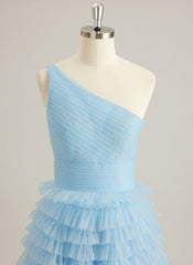 Ball-Gown/Princess One Shoulder Floor-Length Tulle Prom Dresses With Ruffle