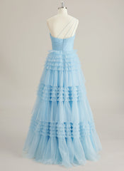 Ball-Gown/Princess One Shoulder Floor-Length Tulle Prom Dresses With Ruffle